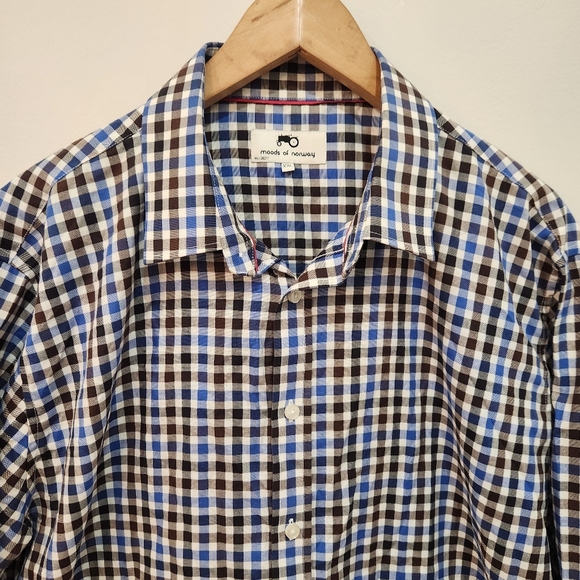 Moods Of Norway Shirt Mens XXL Blue Check Gingham Long Sleeve 100% Cotton - Picture 2 of 11